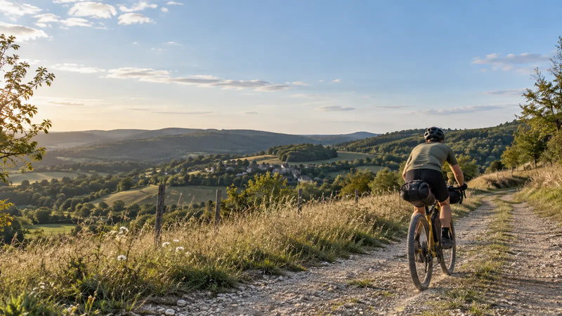 Cycliste en bikepacking sur un chemin de campagne avec un vélo équipé de sacoches